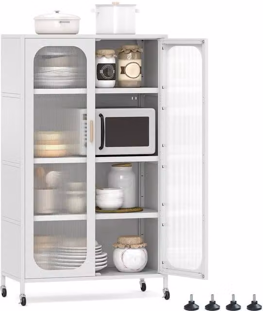Gymax 5-Tier Tall Kitchen Pantry Cabinet with 2 Hinged Doors and Wheels in White – 1