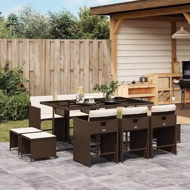 Berkfield Home 11 Piece Brown Poly Rattan Garden Dining Set with Cushions
