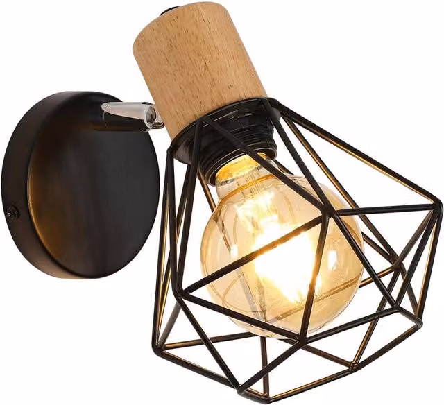 Goeco Industrial Wall Light in Black and Wood with E27 Adjustable Metal Design – 1
