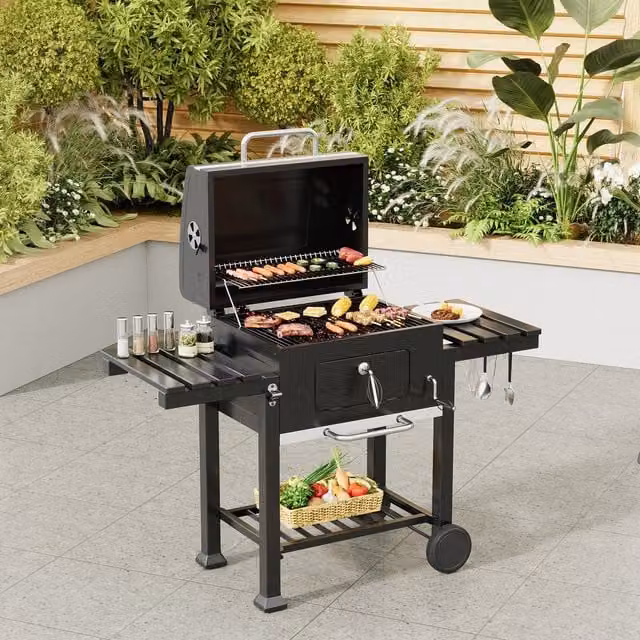 Komore Black Charcoal BBQ Cooker Grill with Stainless Steel and Carbon Steel Cart