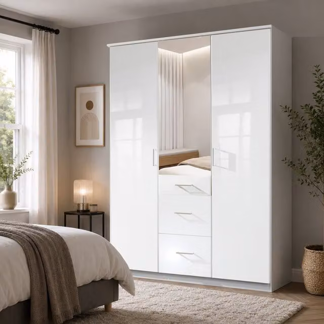 Clack White 3 Door Mirrored Wardrobe with Internal Shelves and Hanging Rod, Width: 135 cm