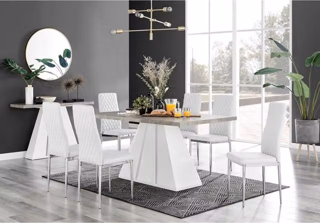 FurnitureboxUK Athens Grey Concrete Rectangular Kitchen Dining Table and 6 Milan Chrome Leg Chairs in White