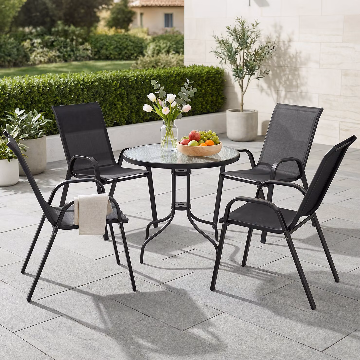Outsunny Five-Piece Modern Patio Set with Round Glass-Top Table in Black Powder-Coated Steel – 2
