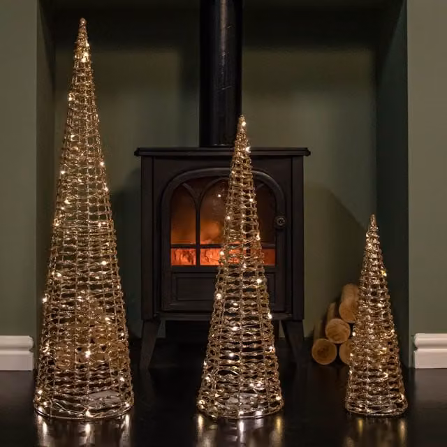 Samuel ALEXANDER Set of 3 Gold Glitter Twist Christmas Cone Trees with 90 Warm White LEDs, Gold
