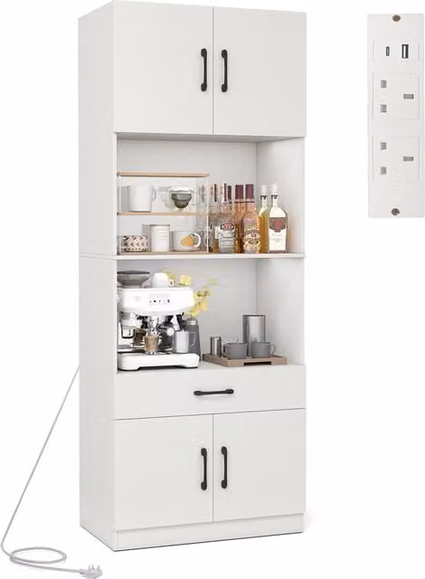COSTWAY Modern White Freestanding Kitchen Pantry Cabinet with Hinged Doors and Shelves