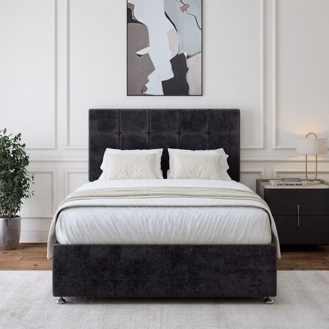Bedmaster Luxury Velvet Small Single Divan Base with 2 Drawers and Square Headboard in Black