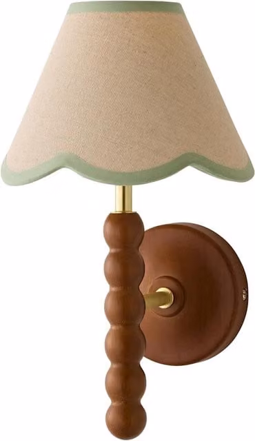 ValueLights Bobbins Walnut Bobble Wall Light with Green Linen Trim Shade