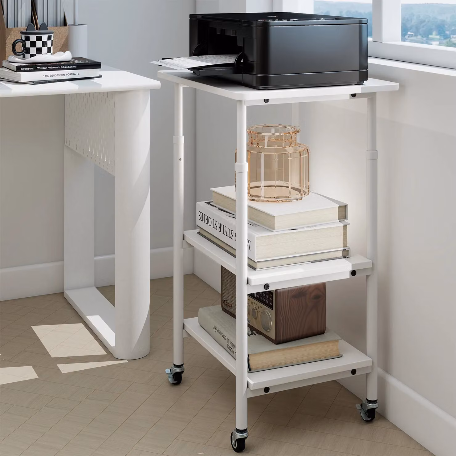 Costway Height Adjustable 3-Tier Printer Stand with Shelves in White – 2
