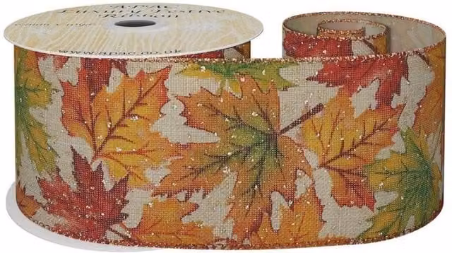 KDMD Natural Textile Ribbon with Autumn Leaf in Multicolour