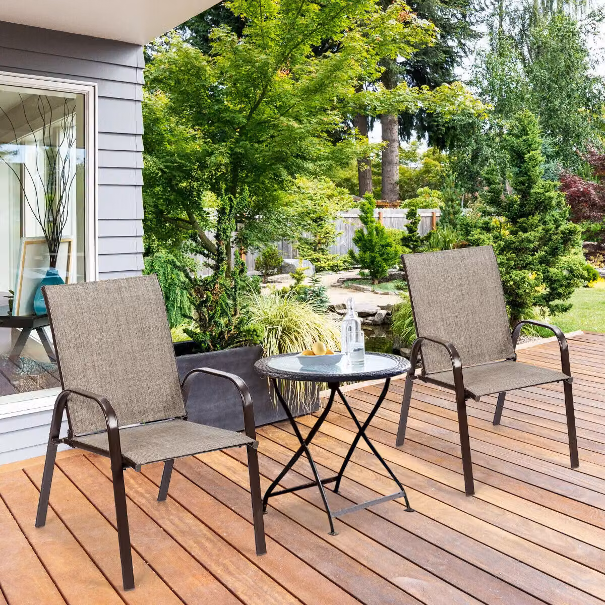 Costway Set of 2 Grey High Back Portable Patio Chairs with Armrests for Garden and Dining – 4