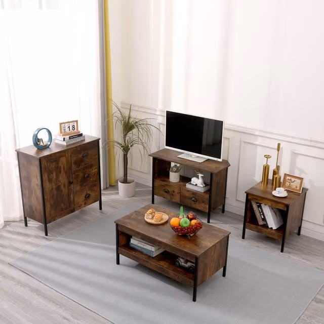 HMD Living Room Furniture Set in Brown and Black, including Coffee Table, Lamp Table, Corner TV Unit and 1 Door 3 Drawer Cabinet