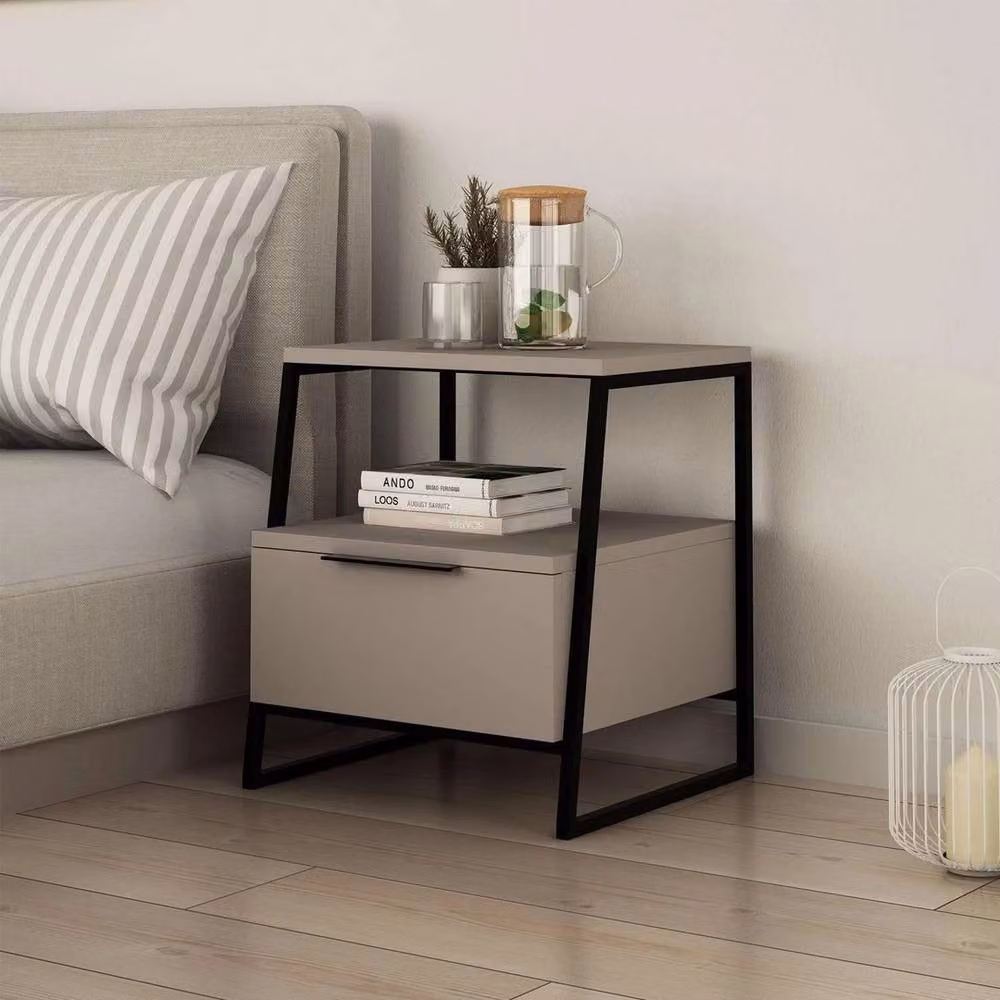 Havendro Modern 1 Drawer Nightstand in Mocha Grey with Black Metal Frame – 3