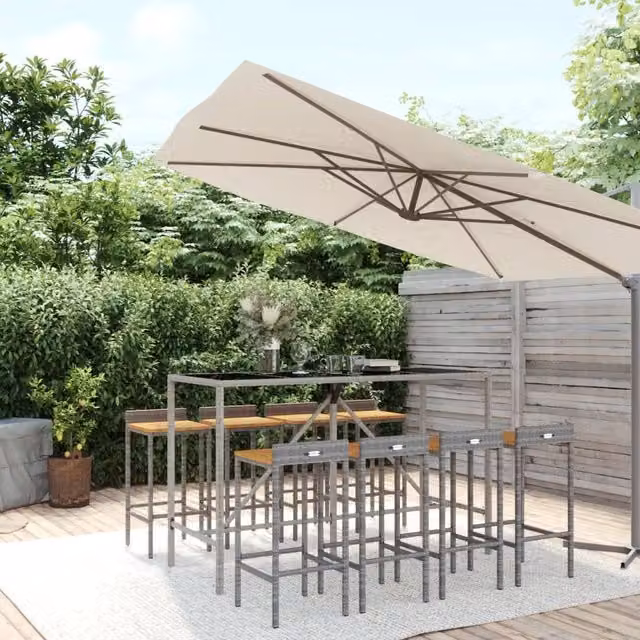 Berkfield Home 9 Piece Grey Poly Rattan and Solid Acacia Wood Garden Bar Set