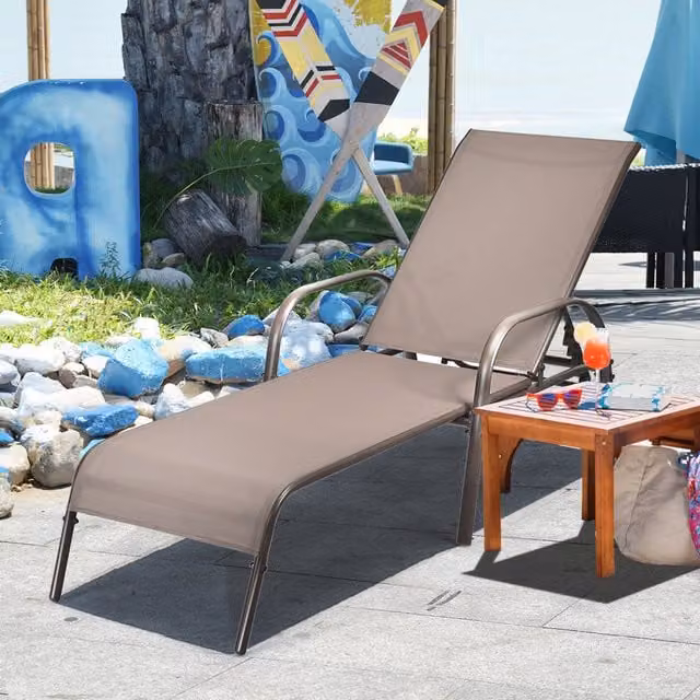 Costway Modern Garden Chaise Lounge Chair with Adjustable Headrest and Seat Depth in Beige or Brown