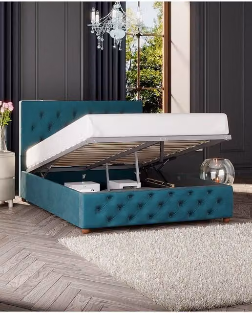 Laurence Llewelyn-Bowen Luna Ottoman Storage Bed in Emerald Green Plush Velvet Fabric, Double W/D/H: 140 x 200 cm