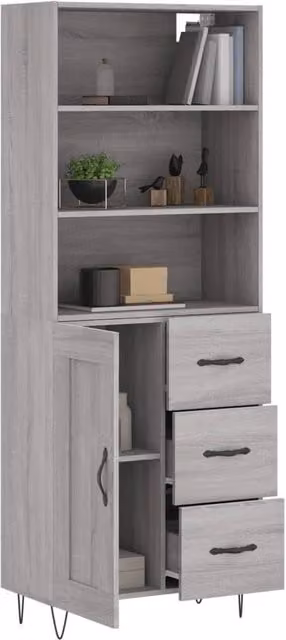 Berkfield Home Grey Sonoma Highboard with Hinged Doors and Internal Shelves, W/D/H: 69.5 x 34 x 180 cm