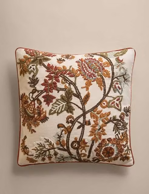 M&S Floral Embroidered Pure Cotton Square Cushion in Ecru and Multicolour