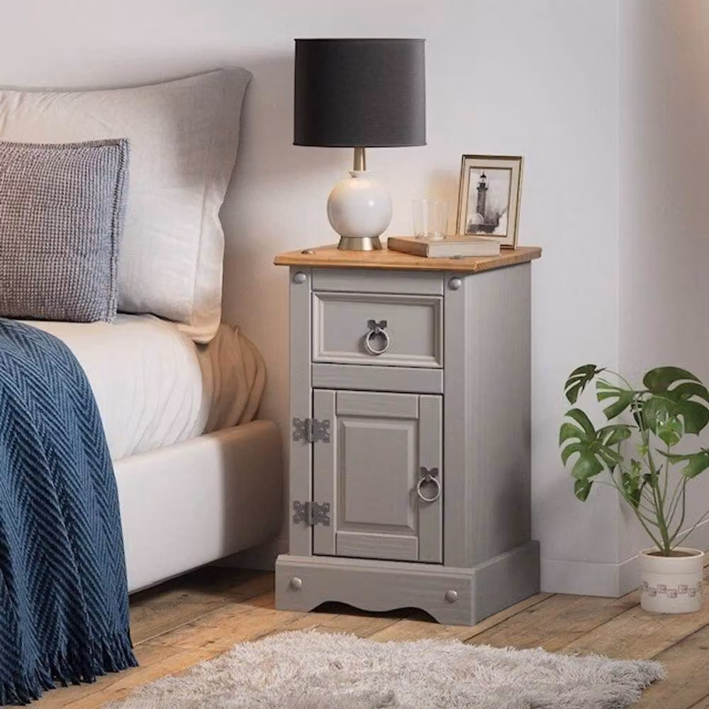 VOGREX Grey Painted Solid Pine Bedside Cupboard Cabinet with One Door and One Drawer, W: 100 cm, H: 80 cm – 3