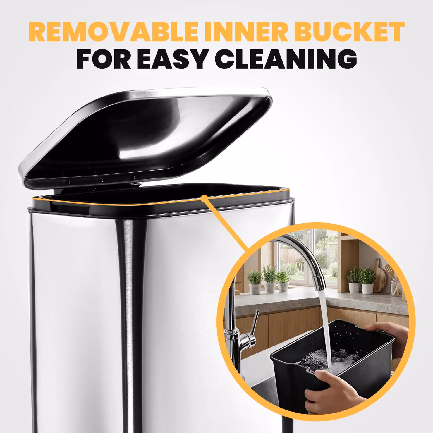 Novecrafto 50L Stainless Steel Pedal Kitchen Bin with Soft Close Lid in Black and Silver – 5