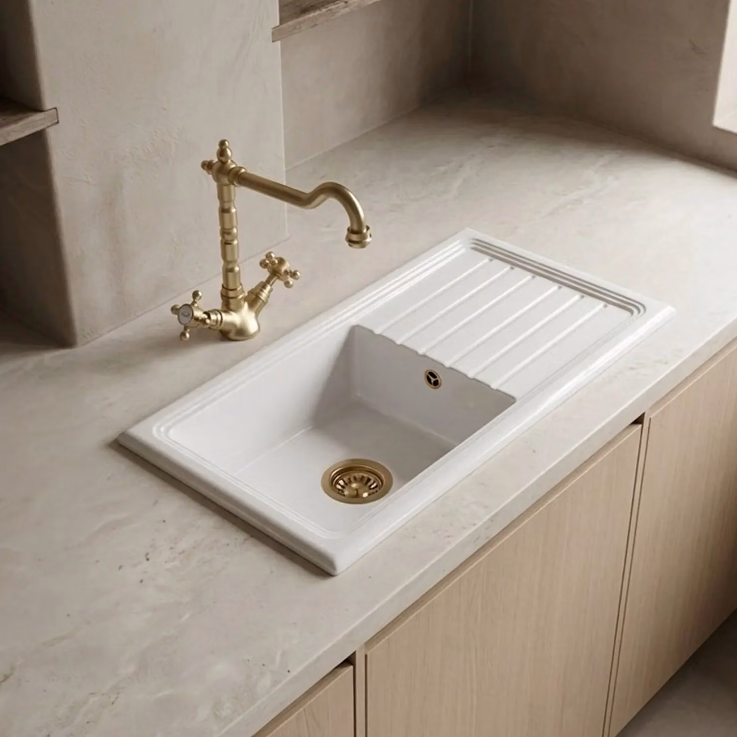 Balterley White Ceramic 1 Bowl Kitchen Sink with Drainer, Waste and Tap, Brushed Brass, W: 1010 mm – 3