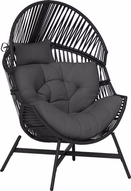 Outsunny Standing Rattan Egg Chair for Garden with Thick Cushions and Headrest, Charcoal Grey – 1