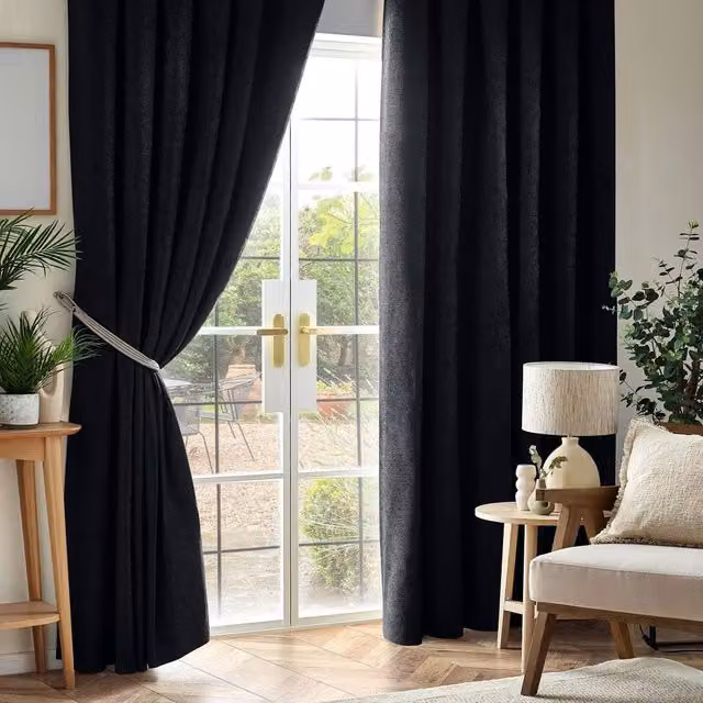 Luxury Living Blackout Chenille Pencil Pleat Curtains in Black, Width: 117 cm, Drop: 183 cm – 1
