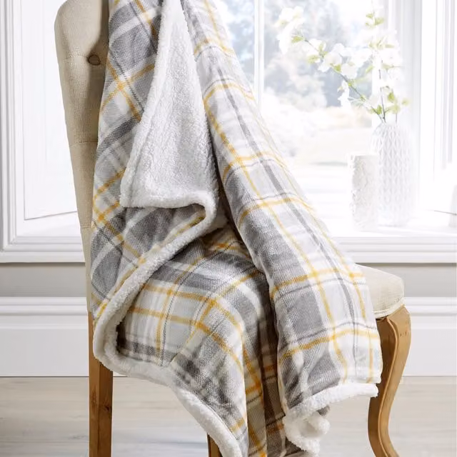 Bellissimo Grey and Ochre Checked Fluffy Fleece Throw