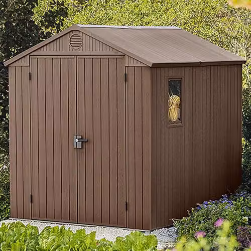 Keter Darwin 6x8ft Outdoor Resin Garden Shed in Brown Evotech+ Wood-Look with Double Doors, Window and Lockable Storage – 2
