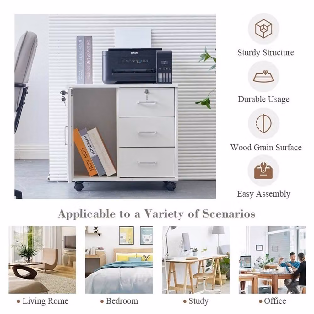 Havendro White Mobile Lockable Filing Cabinet and Printer Stand – 3