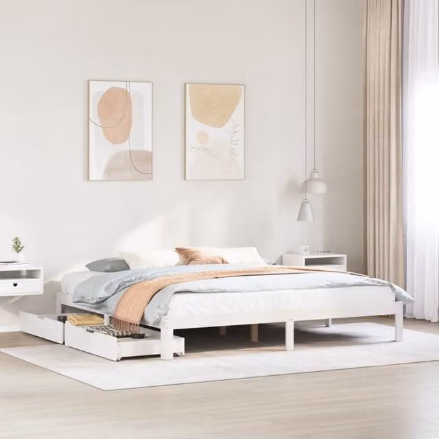 Berkfield Home Super King Bed Frame with Drawers in White Rustic Pine Wood, W/D/H: 180 x 200 cm