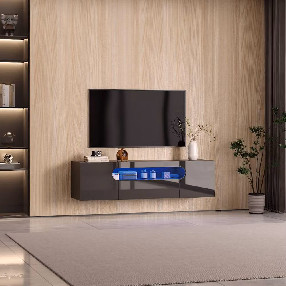 KEEPREAPER Sleek Floating TV Stand with LED Light and Storage Cabinet in Black – 7