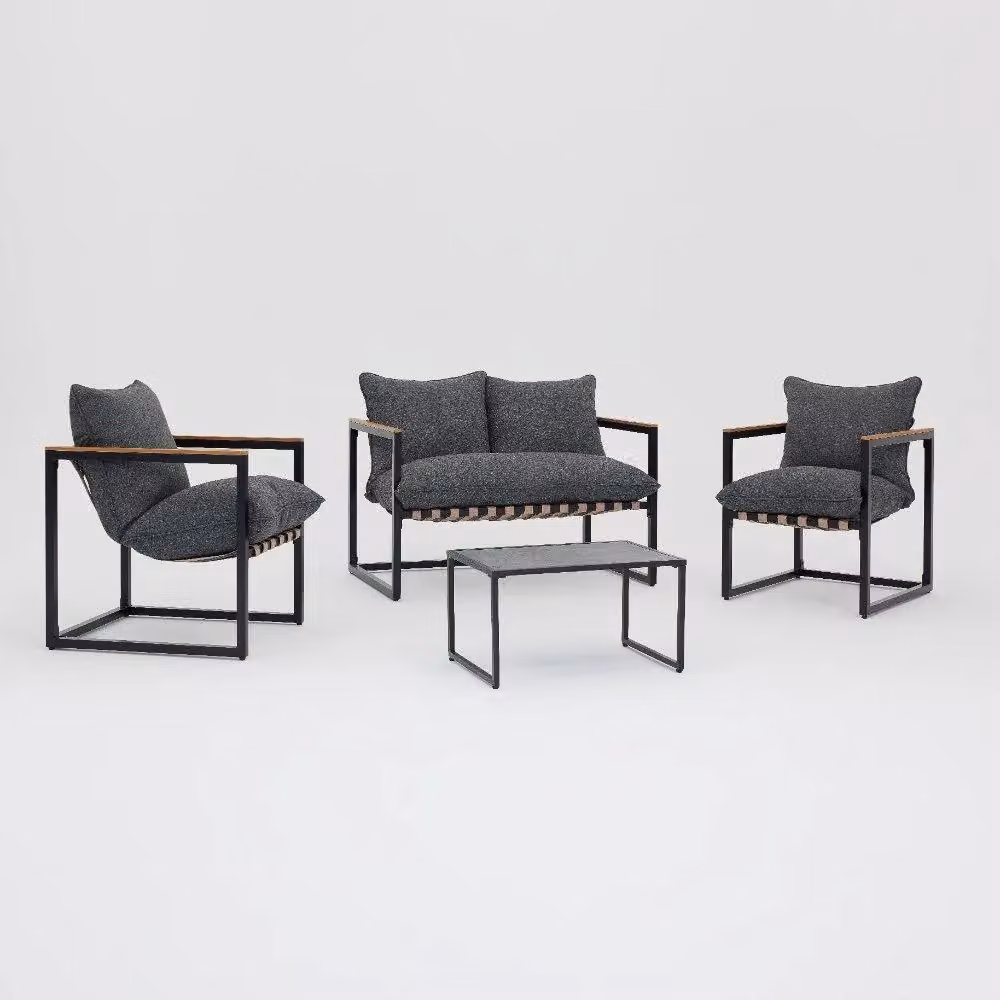 Home Detail Marbella Black Metal Garden Lounge Set with Grey Cushions – 2