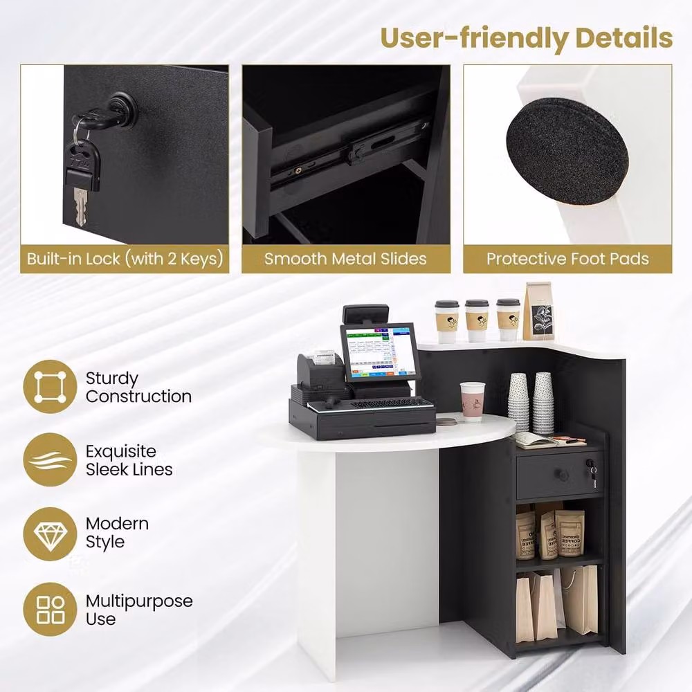 Gymax Oval Reception Counter Desk with Lockable Drawer and Adjustable Shelf in Black – 4