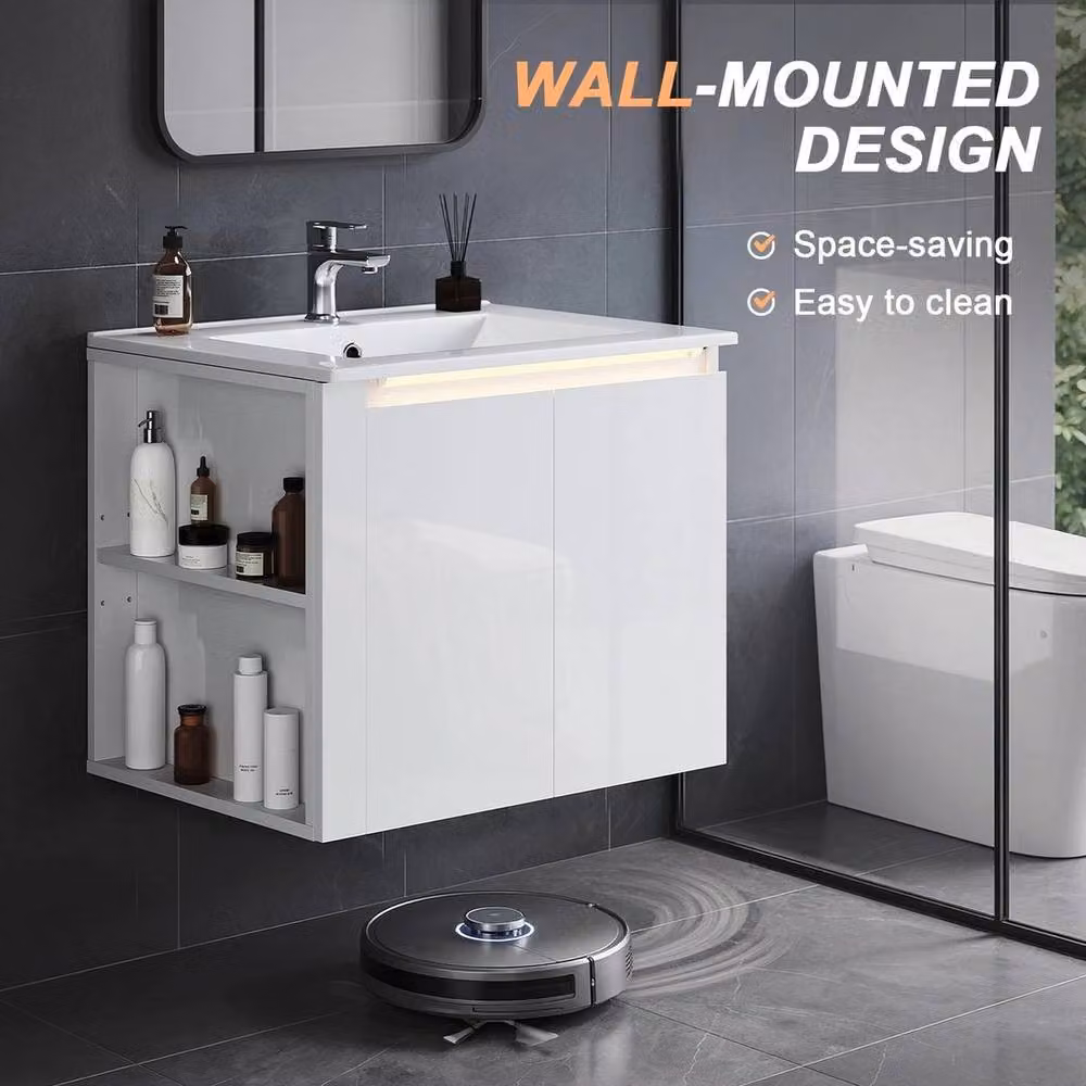 FORGEVIO High Gloss White Wall Mounted Bathroom Vanity Unit with LED Lighting – 3