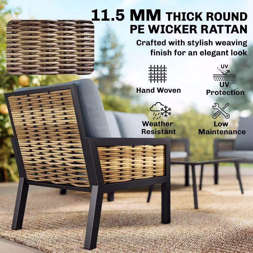 OUTSUNNY Grey Rattan and Metal Garden Furniture Conversation Set – 4