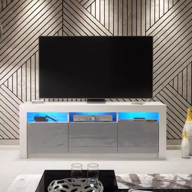 PAWNORA Modern TV Unit with White Matt Body and Grey High Gloss Fronts, Width: 160 cm