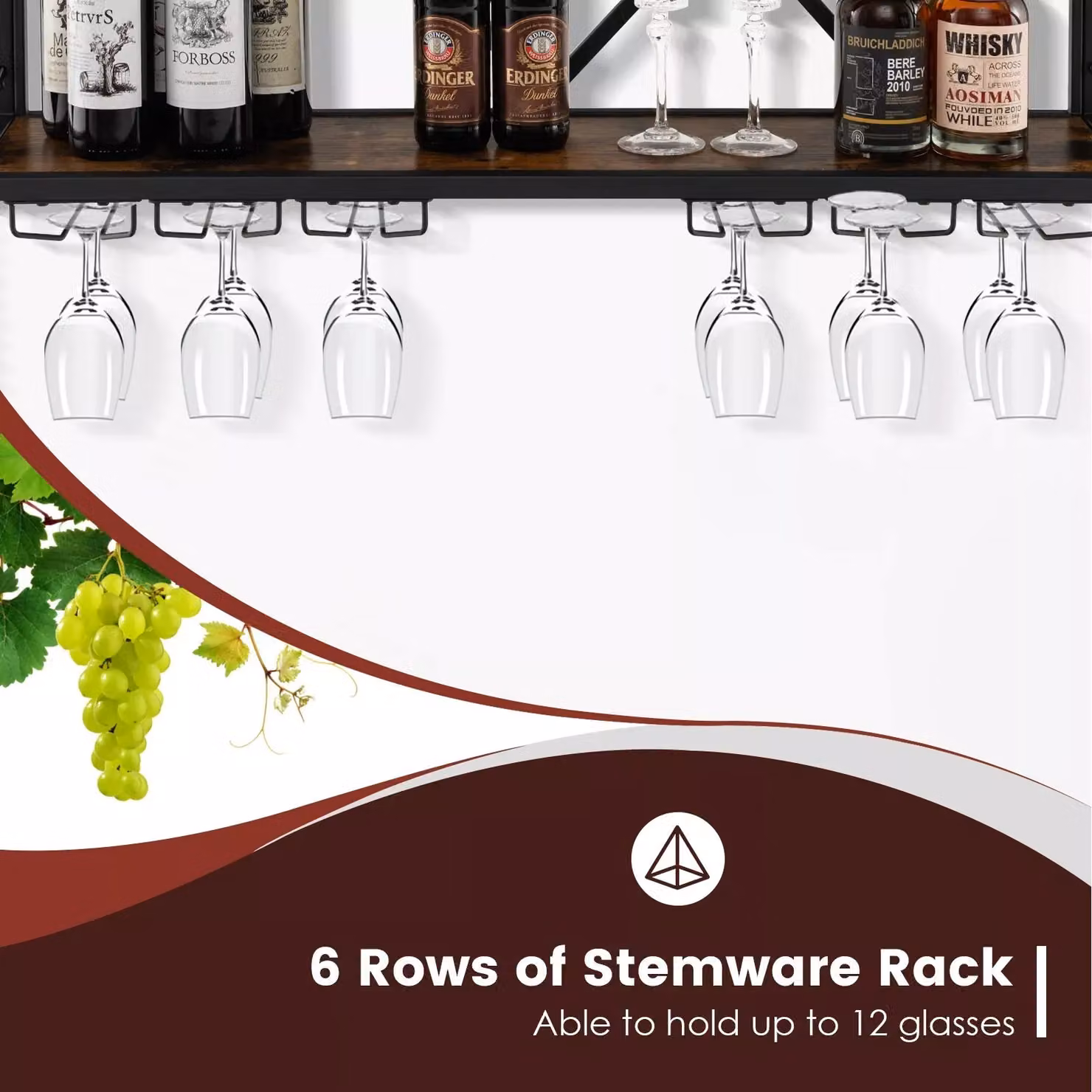Costway Brown Wall Mounted Wine Rack and Display Shelf with 6-Row Stemware Holder for 39 Bottles – 4
