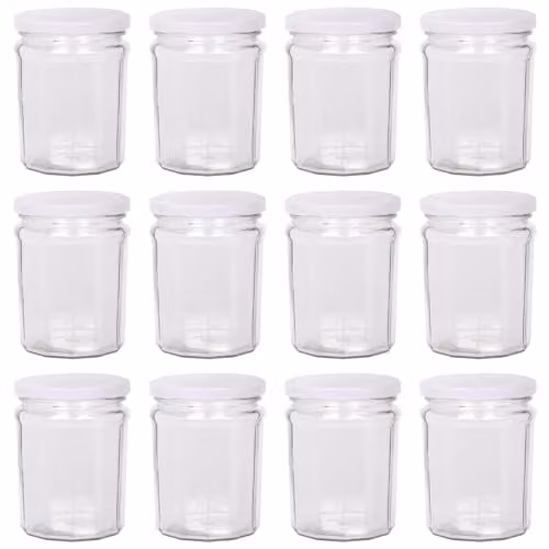 Argon Tableware Glass Jam Jars with Airtight White Lids, 380ml, Pack of 12