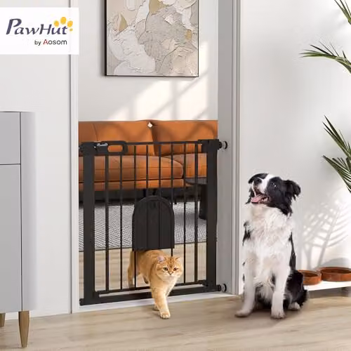 PawHut Black Metal Dog Gate with Cat Flap and Auto Close Pressure Fit Stair Gate – 2