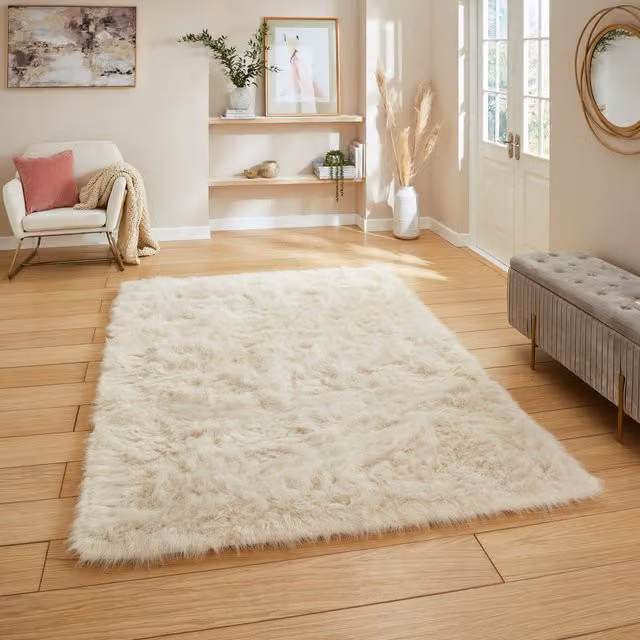 Terrys Beige Hand Tufted Faux Fur Shaggy Rectangular Rug