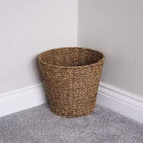 JVL Natural Seagrass Round Waste Paper Basket in Brown and Beige with Open Weave Design – 3