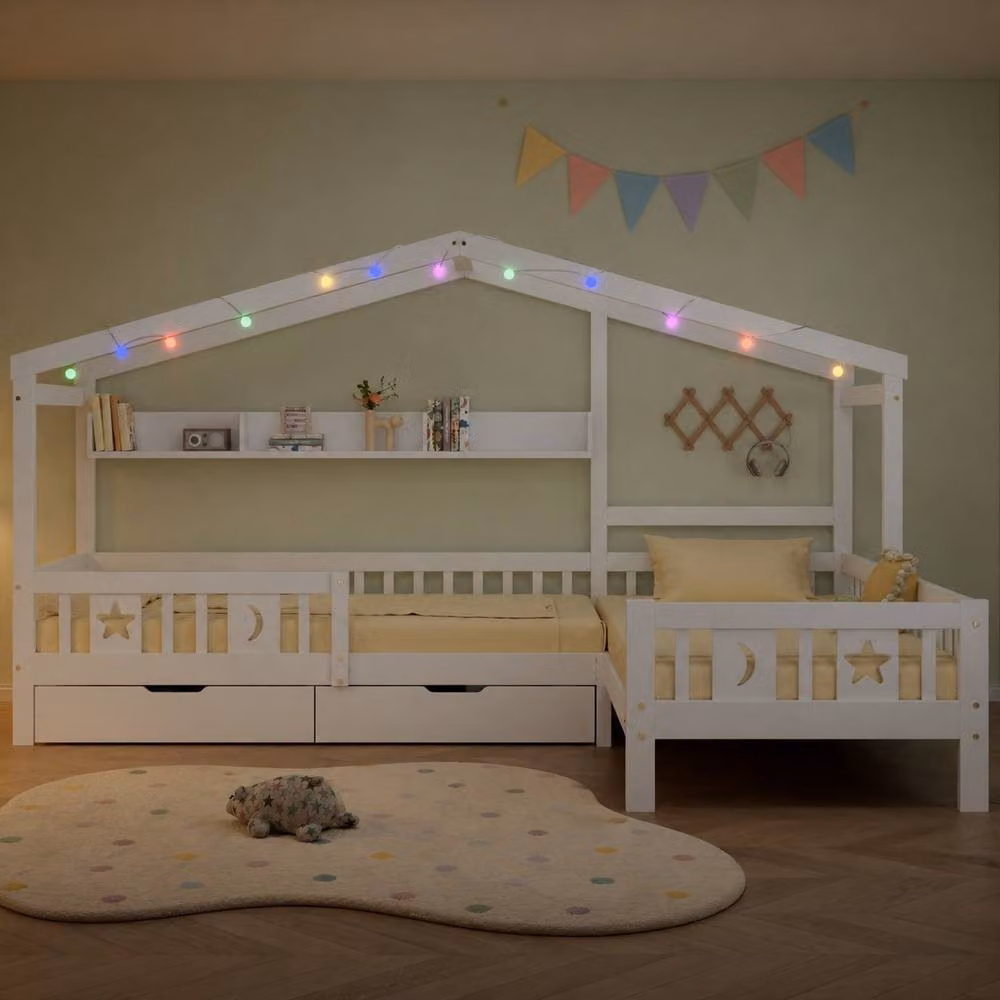 Merax White L-Shaped Corner Wooden House Bed for Children with LED Under-Bed Lighting and Drawers, Single Size (90 x 190 cm) – 3