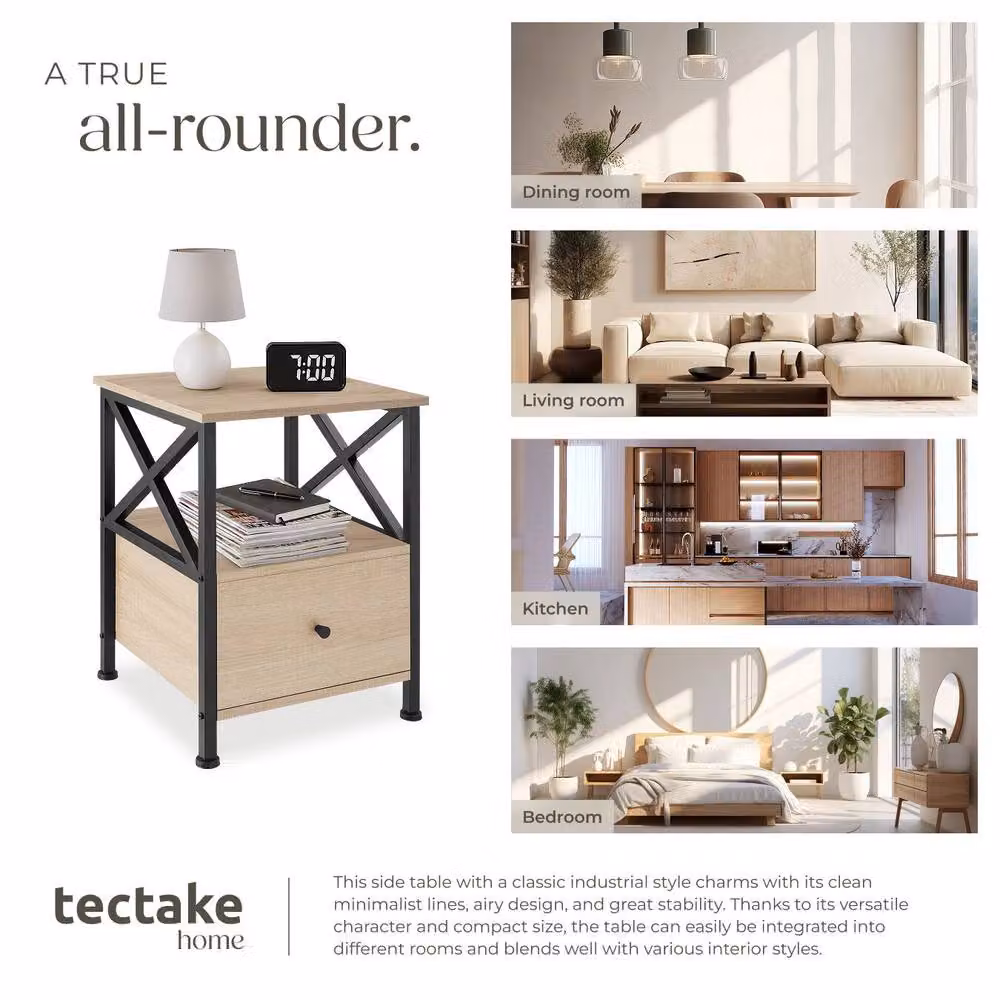 tectake Falkirk Bedside Table with 2 Shelves and 1 Drawer in Light Oak and Brown – 6