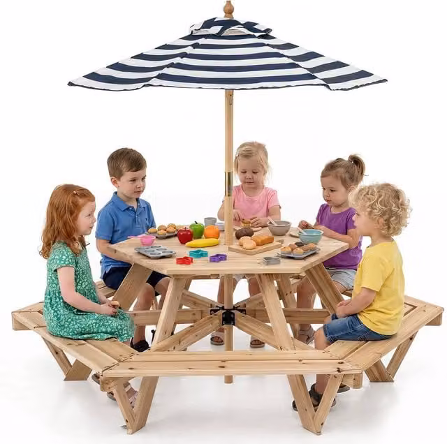 CASART Kids Picnic Table and Bench Set with Removable Adjustable Umbrella in Natural Wood and Multicolour Striped Design – 1