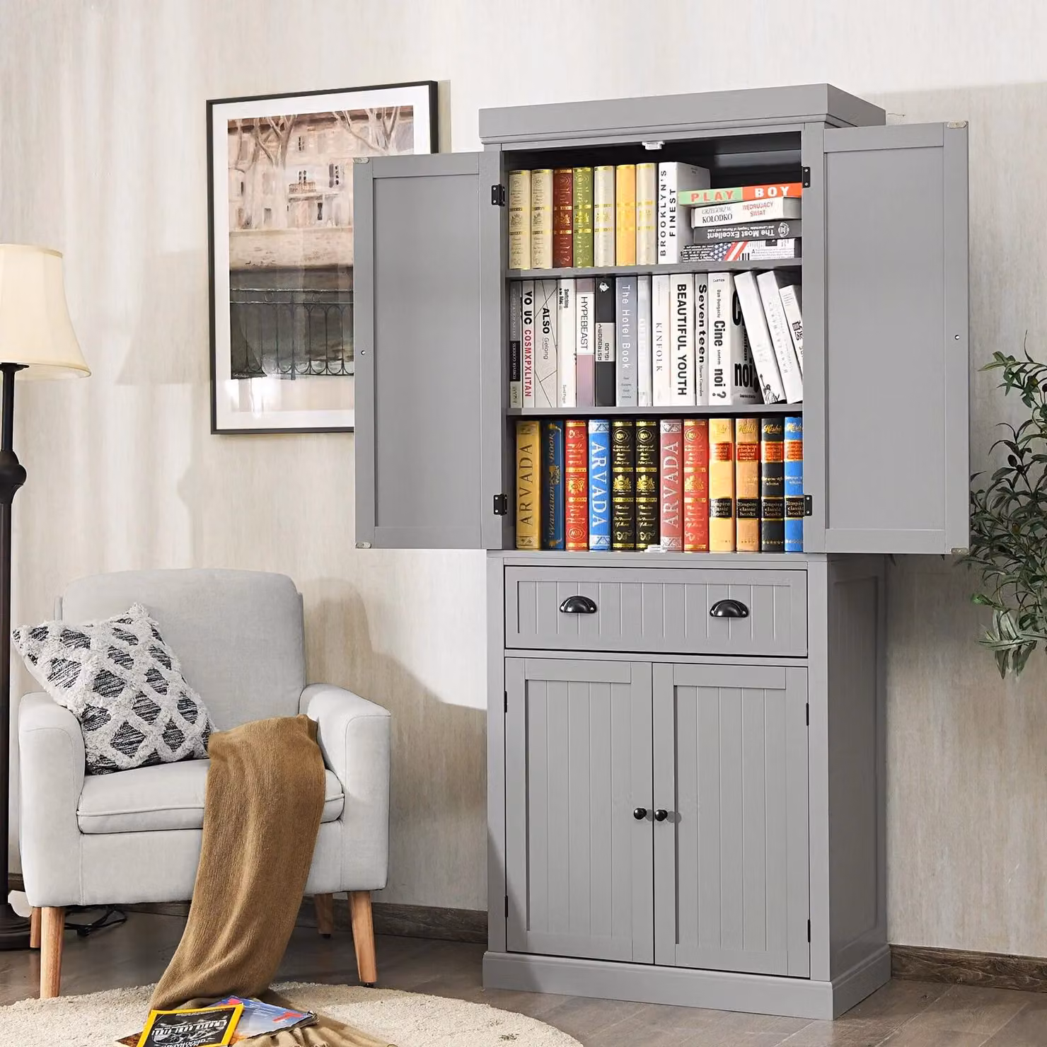 Gymax Grey Wood Tall Freestanding Pantry Cupboard with 2 Hinged Doors and Internal Shelves, Height: 182.88 cm – 3