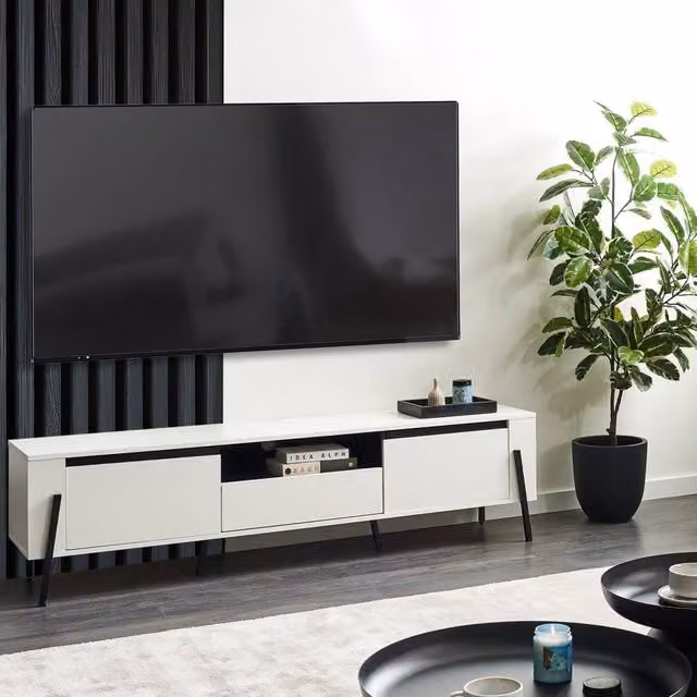 Wyld and Coco White Industrial TV Stand with Metal Legs, Fits up to 75 inch TVs – 1