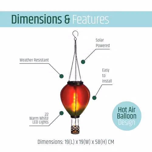 GardenKraft 10919 Hot Air Balloon Solar Powered Outdoor Lantern with Warm White LED Flame Effect in Red and Multicolour – 2