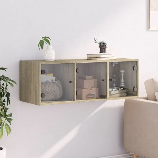 Berkfield Home Wall Cabinet with Glass Doors in Sonoma Oak and Beige, W/D/H: 102 x 37 x 35 cm