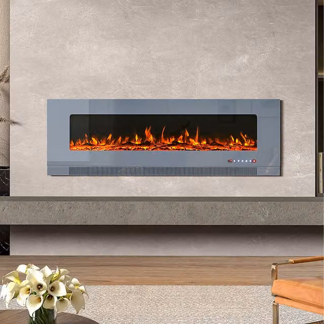 Livingandhome Grey Wall-Mounted Recessed Electric Glass Fireplace with Stand, 152.4 cm