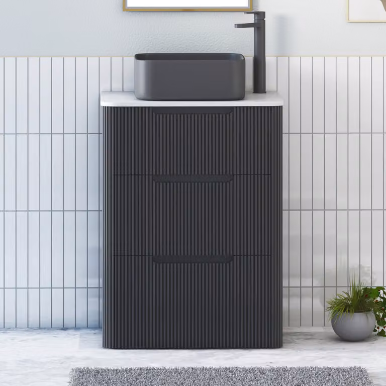 Royal Bathrooms Avenza 600mm Matt Obsidian Black Floor Standing 3 Drawer Vanity Unit with Plain White Worktop and Art Square Basin